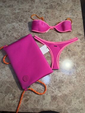 triangl swimwear Neon Pink Bikini Set with Orange Accents